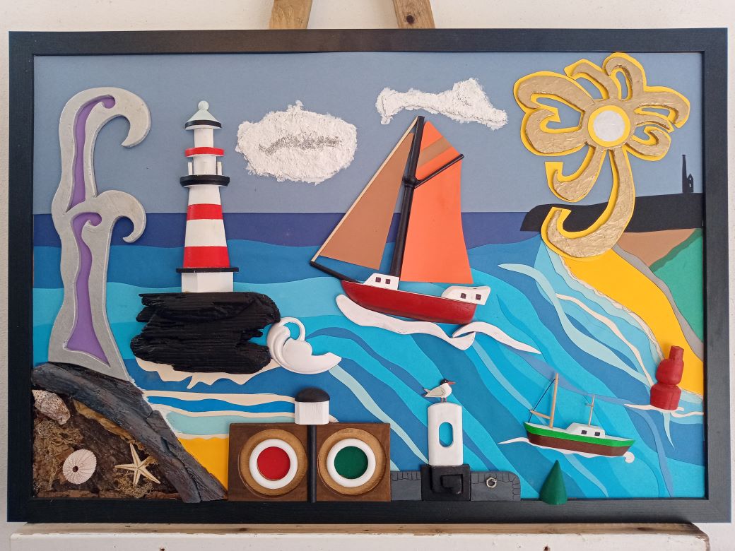 A painting of a lighthouse and boats